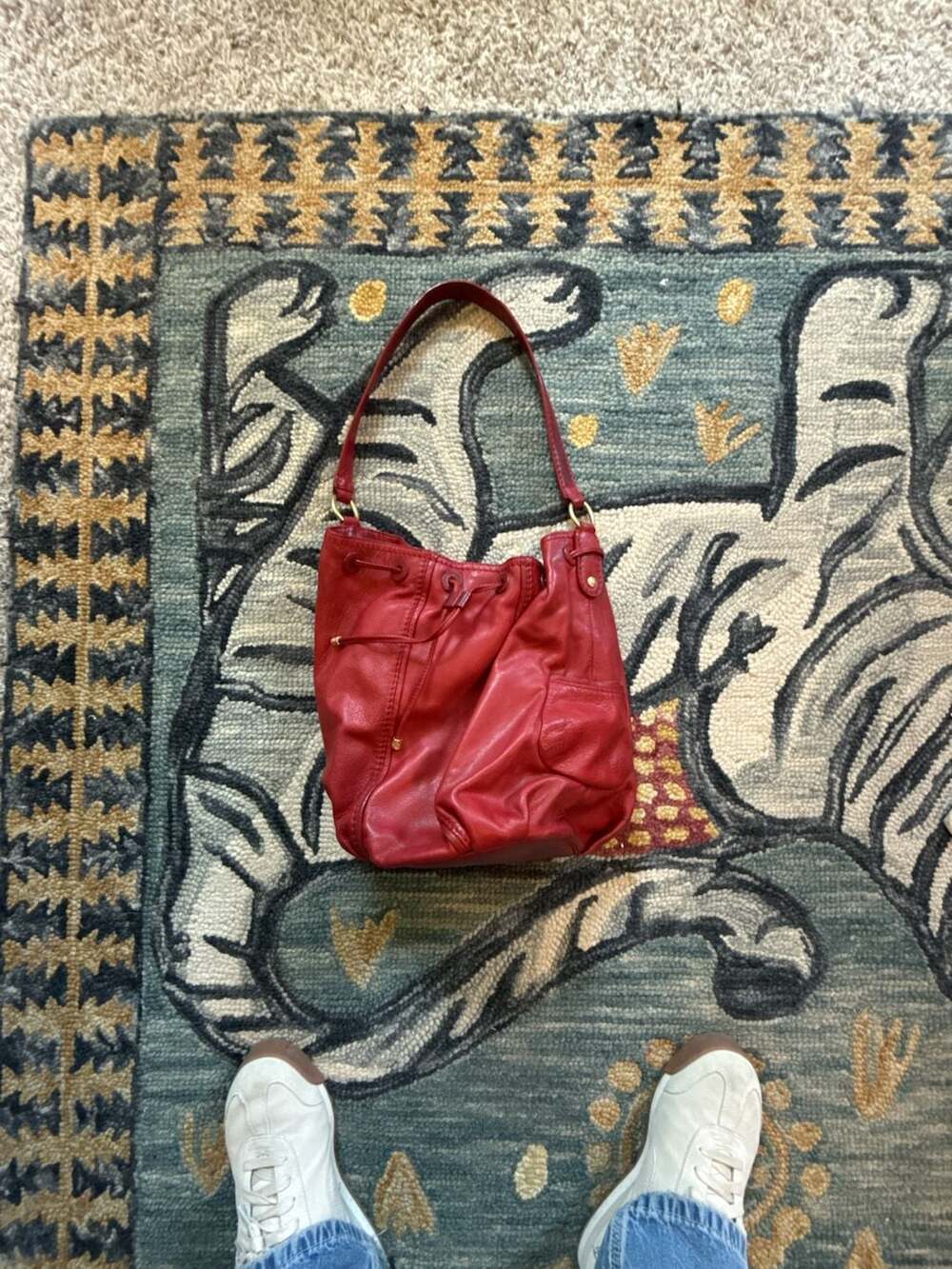Sigrid Olsen Red Grained Leather Drawstring Bucket Bag